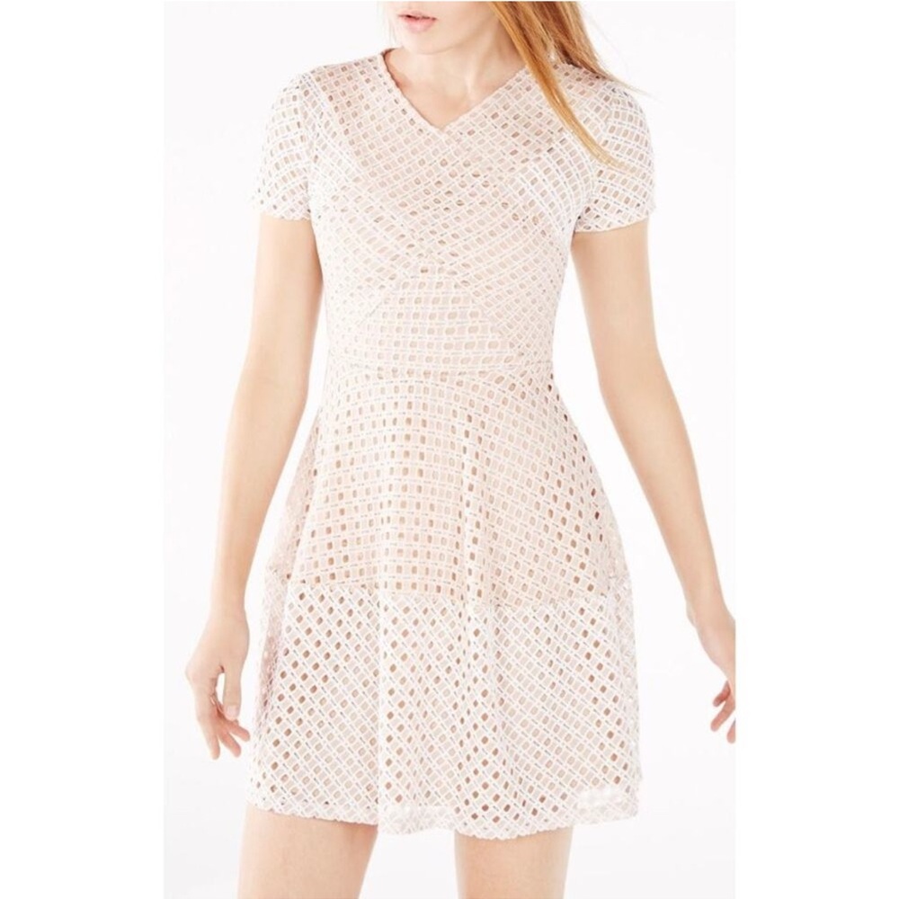 BCBGMaxAzria Women's White Cream Elyze Lace Color Blocked A-Line V-Neck Dress M